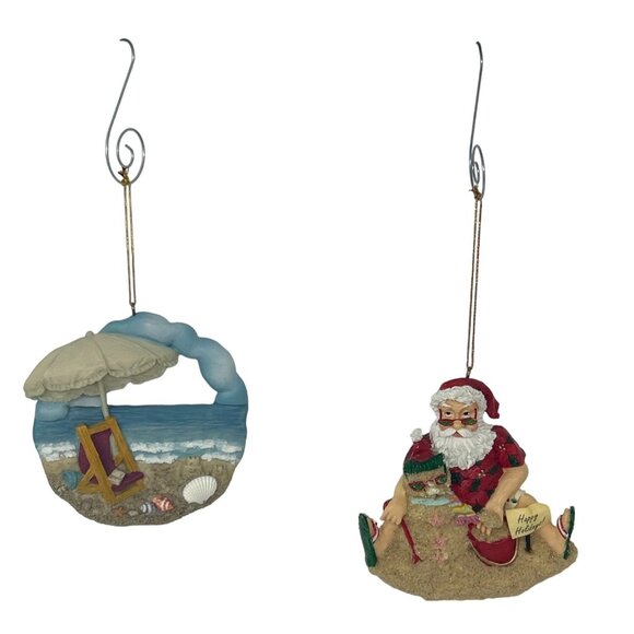 2 Beach Ornaments - Santa & "Sand" Snowman and a Beach Scene - Picture 1 of 4